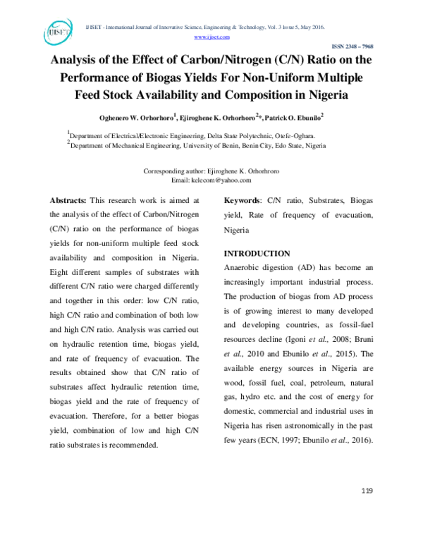 (PDF) Analysis of the Effect of CarbonNitrogen (CN) Ratio on the ...