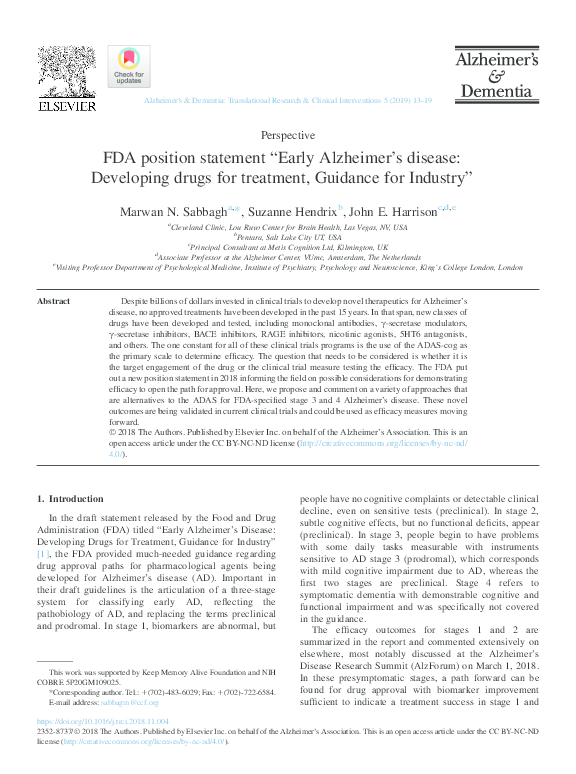 (PDF) FDA position statement “Early Alzheimer’s disease: Developing ...