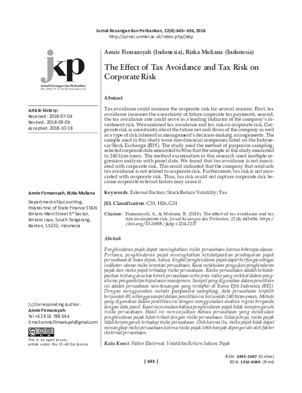 (PDF) The Effect of Tax Avoidance and Tax Risk on Corporate Risk