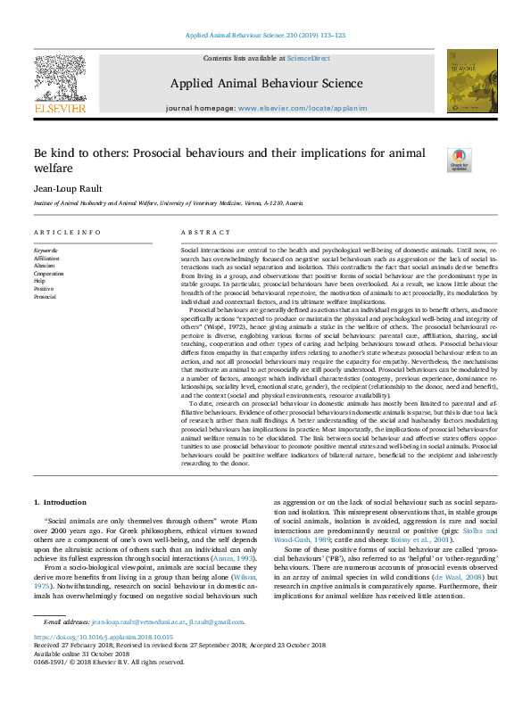 (PDF) Be kind to others Prosocial behaviours and their implications for animal welfare Jean