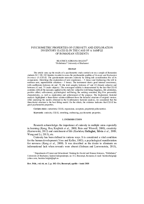 (PDF) PSYCHOMETRIC PROPERTIES OF CURIOSITY AND EXPLORATION INVENTORY-II ...