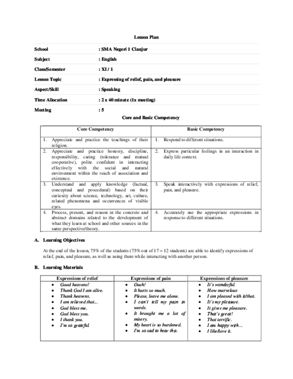 (DOC) Lesson Plan (RPP) for Expressing relief, pain, and pleasure