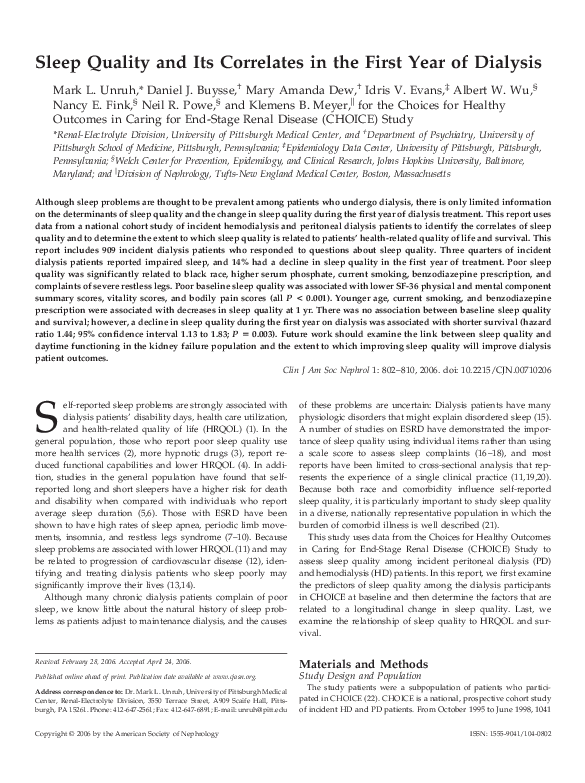 (PDF) Sleep Quality and Its Correlates in the First Year of Dialysis