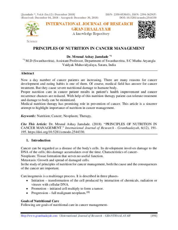 (PDF) PRINCIPLES OF NUTRITION IN CANCER MANAGEMENT