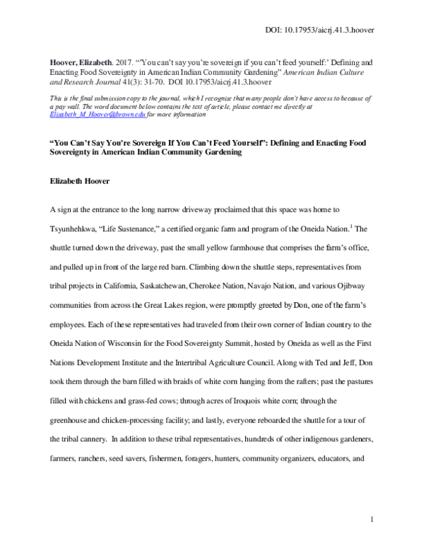 First page of “’You can’t say you’re sovereign if you can’t feed yourself:’ Defining and Enacting Food Sovereignty in American Indian Community Gardening”