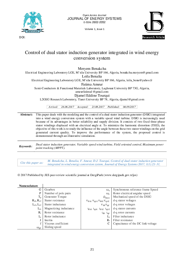 (PDF) Control of dual stator induction generator integrated in wind energy conversion system