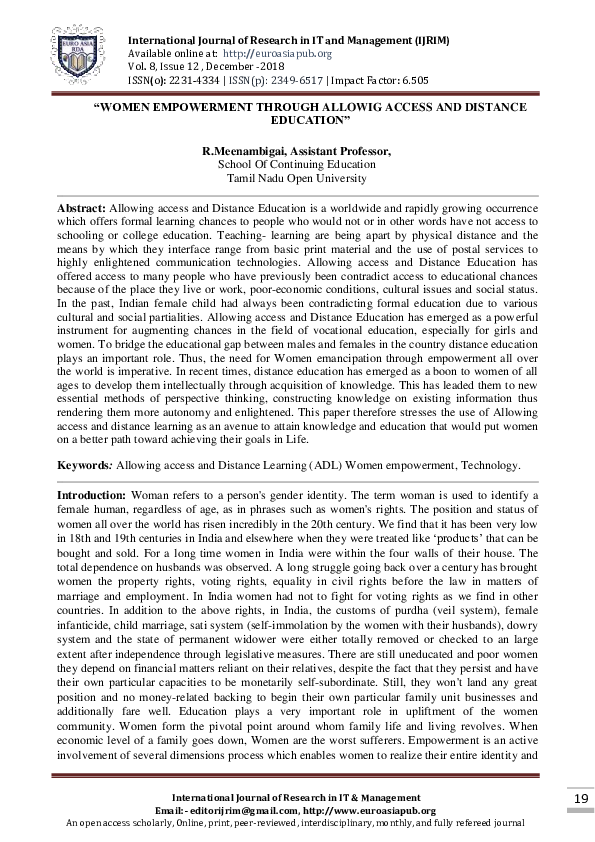 (PDF) “WOMEN EMPOWERMENT THROUGH ALLOWIG ACCESS AND DISTANCE EDUCATION”