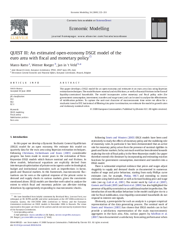 (PDF) QUEST III: An estimated open-economy DSGE model of the euro area ...