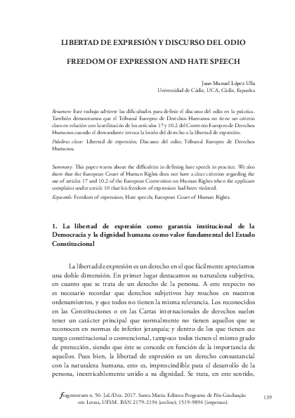 (PDF) Libertad de expresión y discurso del odio
