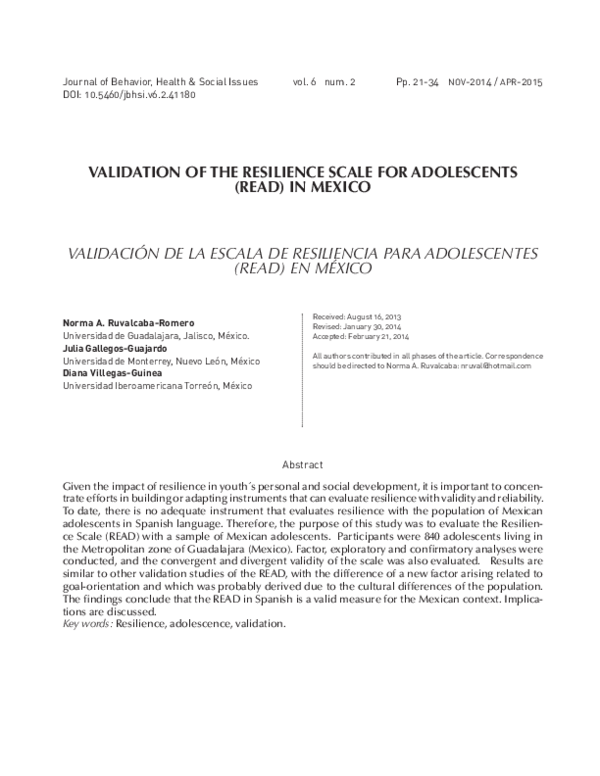 (PDF) Validation of the resilience scale for adolescents (READ) in Mexico.