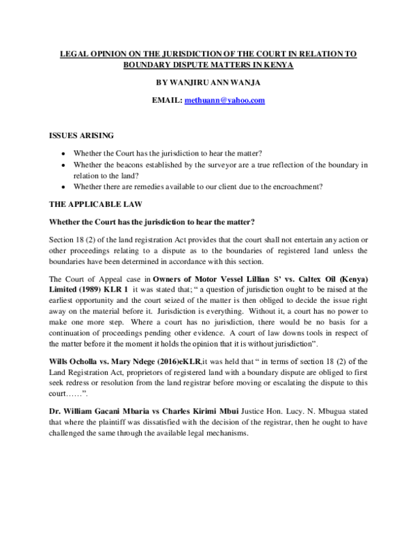 (PDF) LEGAL OPINION ON THE JURISDICTION OF THE COURT ON LAND BOUNDARY