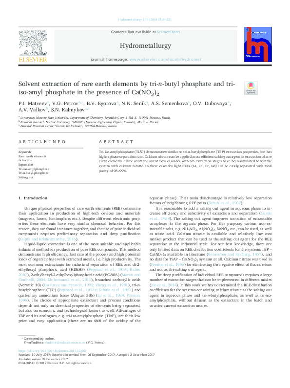 (PDF) 2018_Solvent extraction of rare earth elements by tri-n-butyl ...