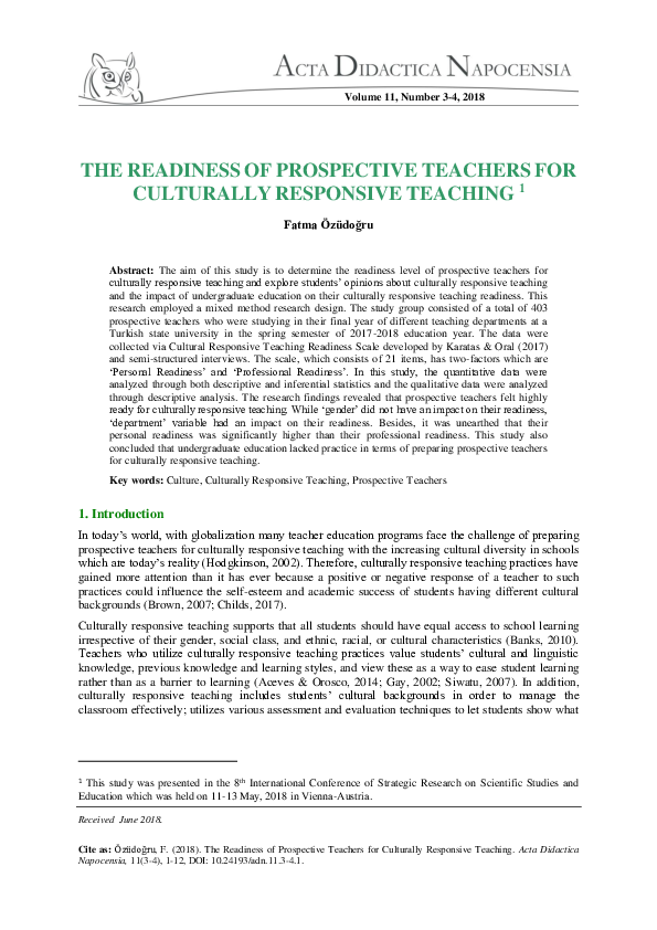 (PDF) THE READINESS OF PROSPECTIVE TEACHERS FOR CULTURALLY RESPONSIVE ...