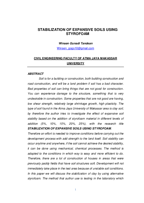(DOC) STABILIZATION OF EXPANSIVE SOILS USING STYROFOAM Winsen Tandean