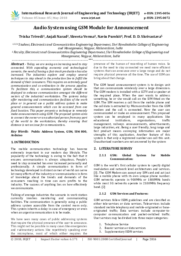 (PDF) IRJET- Audio System using GSM Module for Announcement