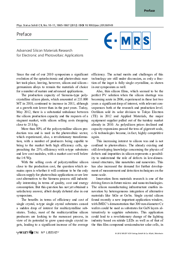 (PDF) Preface: Advanced Silicon Materials Research for Electronic and ...