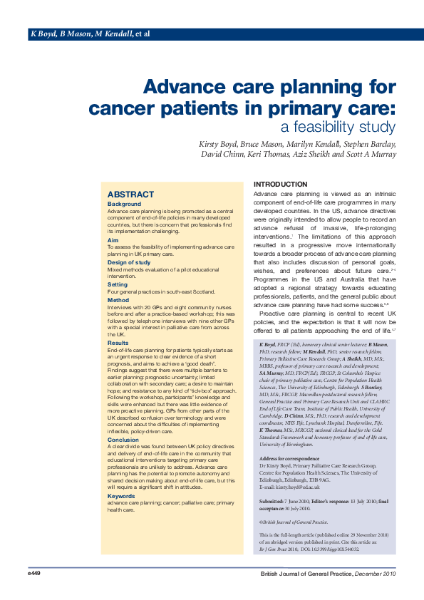 (PDF) Advance care planning for cancer patients in primary care: a ...