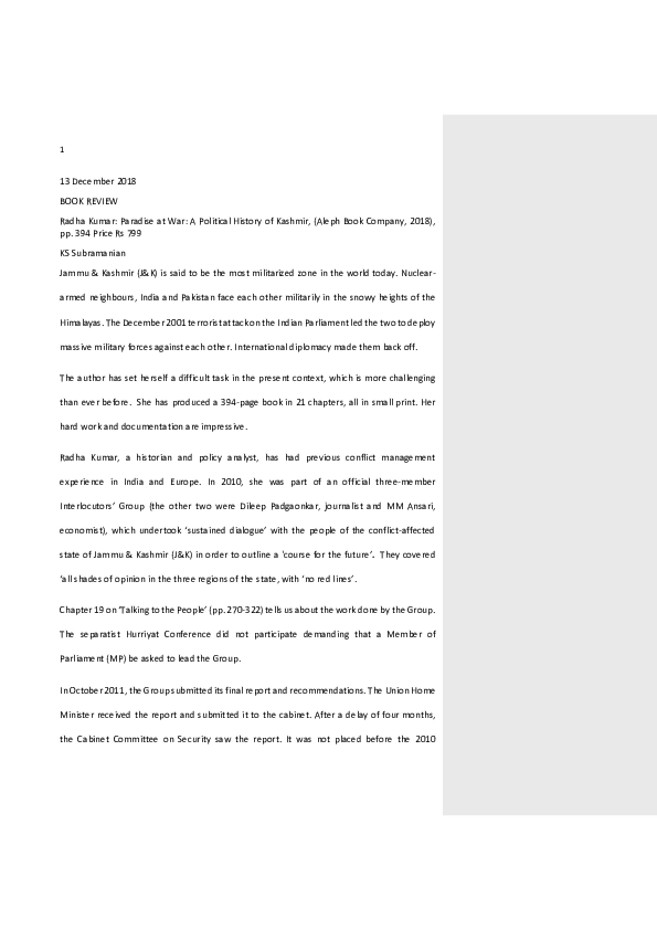 Book Review Radha Kumar Paradise at War A Political History of Kashmir,.docx