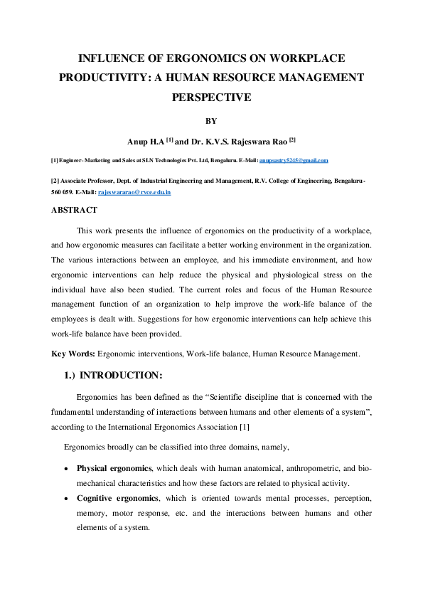 (PDF) Influence of Ergonomics on Workplace Productivity A Human