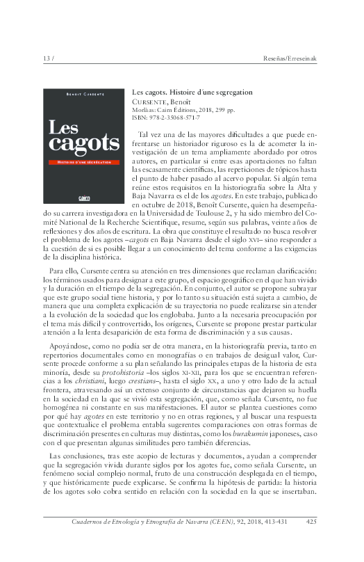 (PDF) Reseña de Benoît Cursente, Les cagots. Histoire d'une ségrégation ...