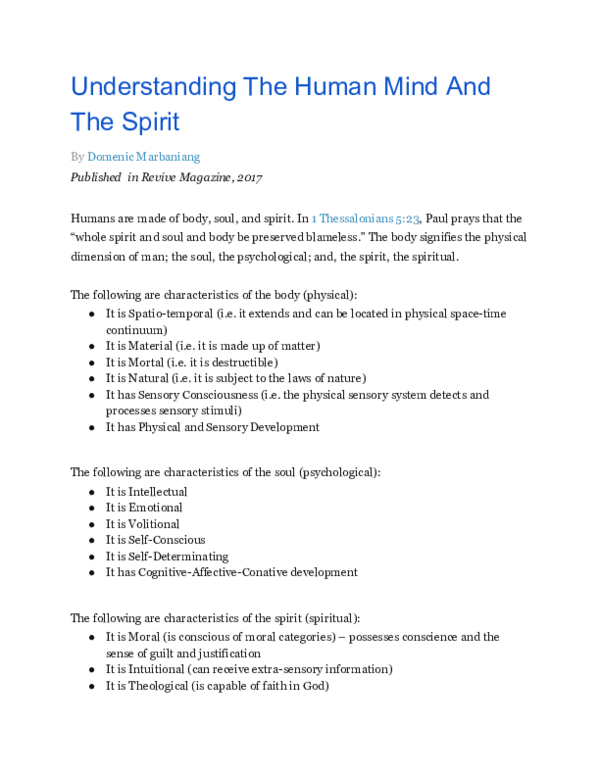 (PDF) Understanding The Human Mind And The Spirit