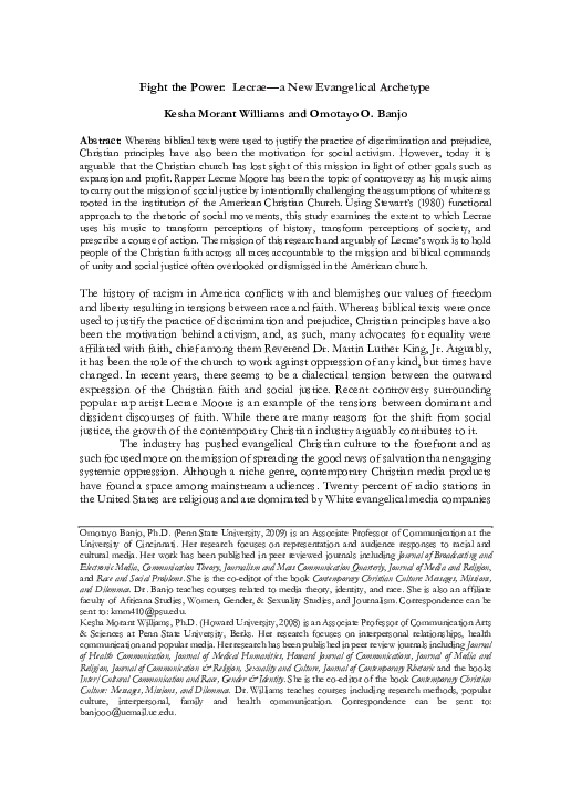 Pdf Fight The Power Lecrae A New Evangelical Archetype Kesha Morant Williams Academia Edu