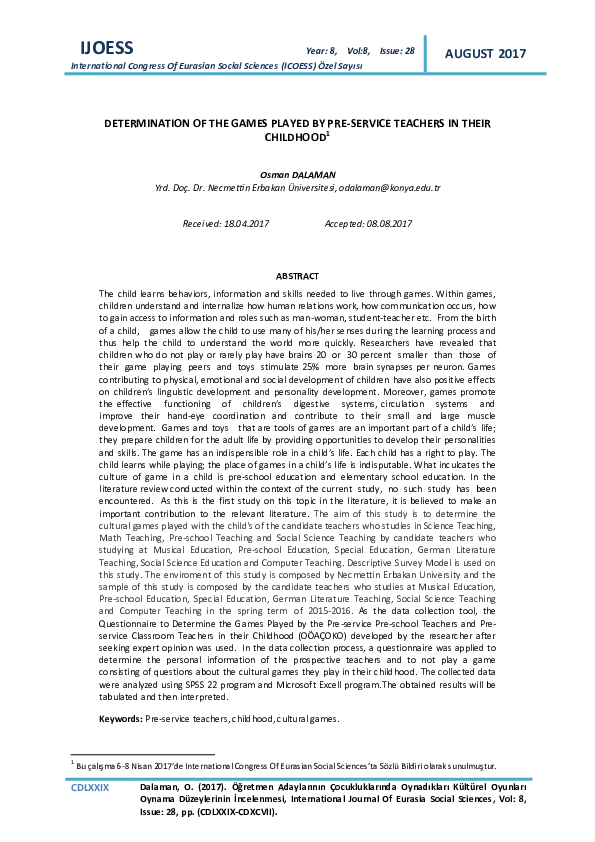 (PDF) DETERMINATION OF THE GAMES PLAYED BY PRE-SERVICE TEACHERS IN ...