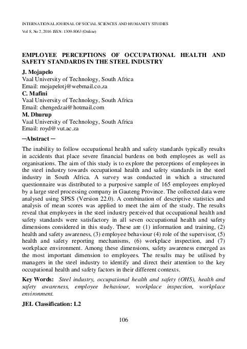 (PDF) Employee perception of health and safety standards in the steel ...