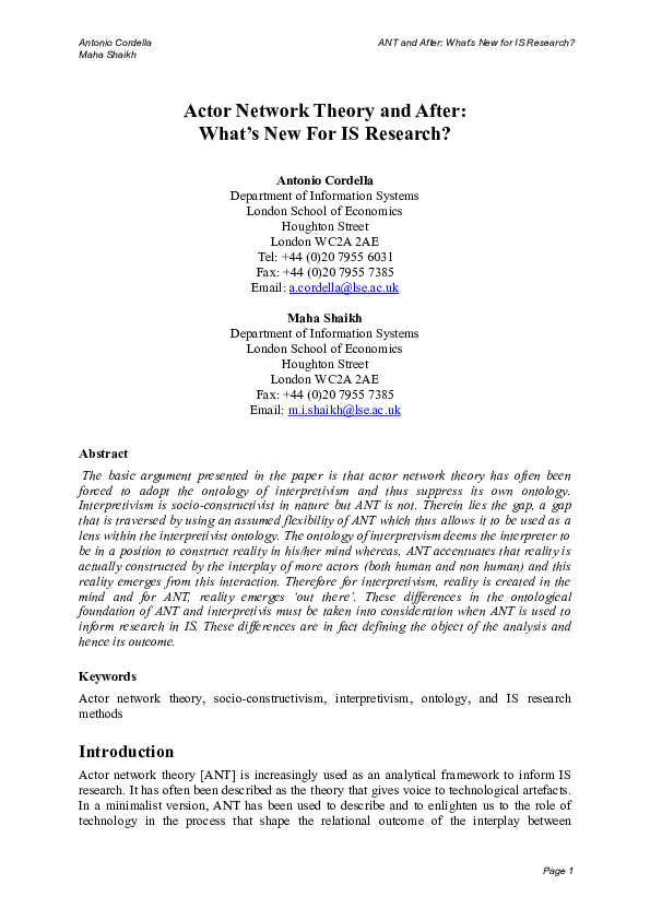 (PDF) Actor Network Theory and After: What's New for IS Research?