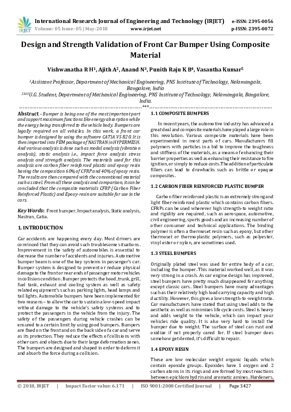 Pdf Irjet Design And Strength Validation Of Front Car Bumper Using