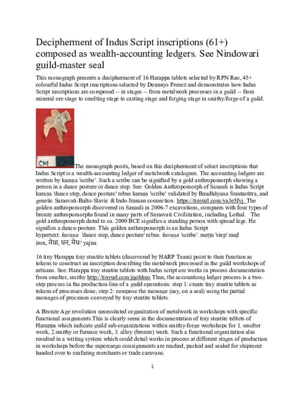(PDF) Decipherment of Indus Script inscriptions (61+) composed as ...