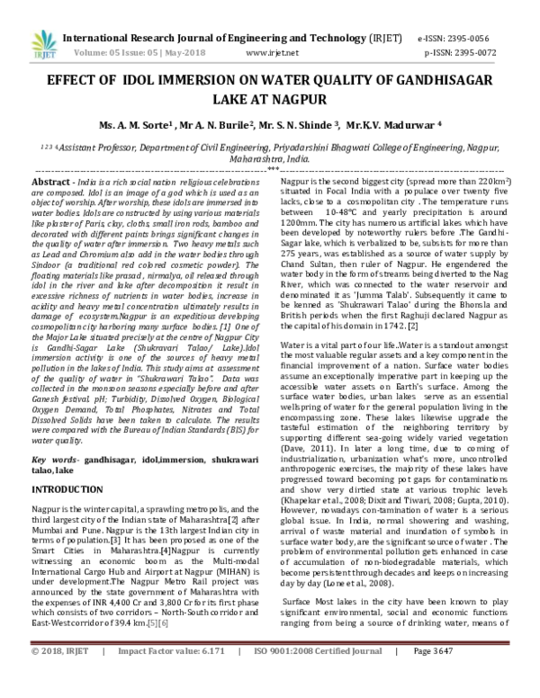 (PDF) IRJET-Effect of Idol Immersion on Water Quality of Gandhisagar ...