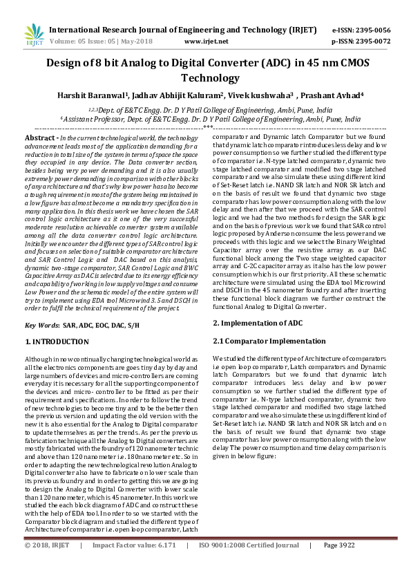(PDF) IRJET-Design of 8 bit Analog to Digital Converter (ADC) in 45 nm ...