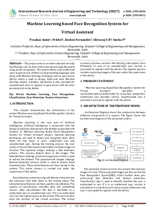 (PDF) IRJET-Machine Learning based Face Recognition System for Virtual ...