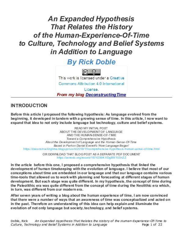 An Expanded Hypothesis That Relates the History of the Human-Experience-Of-Time to Culture, Technology and Belief Systems in Addition to Language