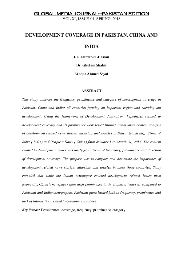 (PDF) DEVELOPMENT COVERAGE IN PAKISTAN, CHINA AND INDIA. Waqar Seyal