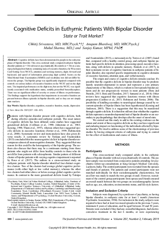(PDF) Cognitive Deficits in Euthymic Patients with Bipolar Disorder ...