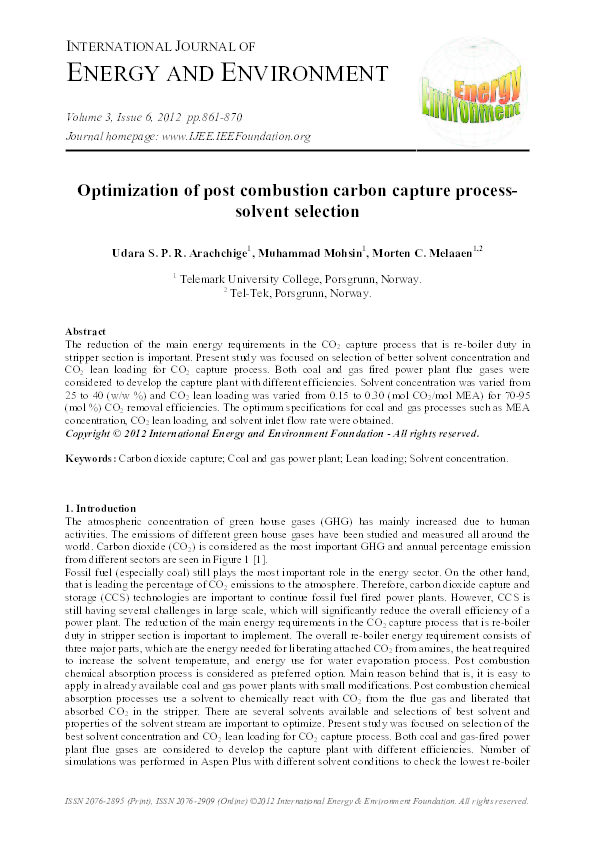 Pdf Optimization Of Post Combustion Carbon Capture Process Solvent