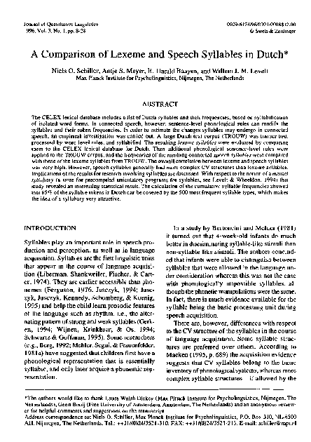 (PDF) A comparison of lexeme and speech syllables in Dutch