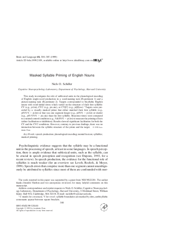 (PDF) Masked Syllable Priming of English Nouns* 1 Niels O Schiller