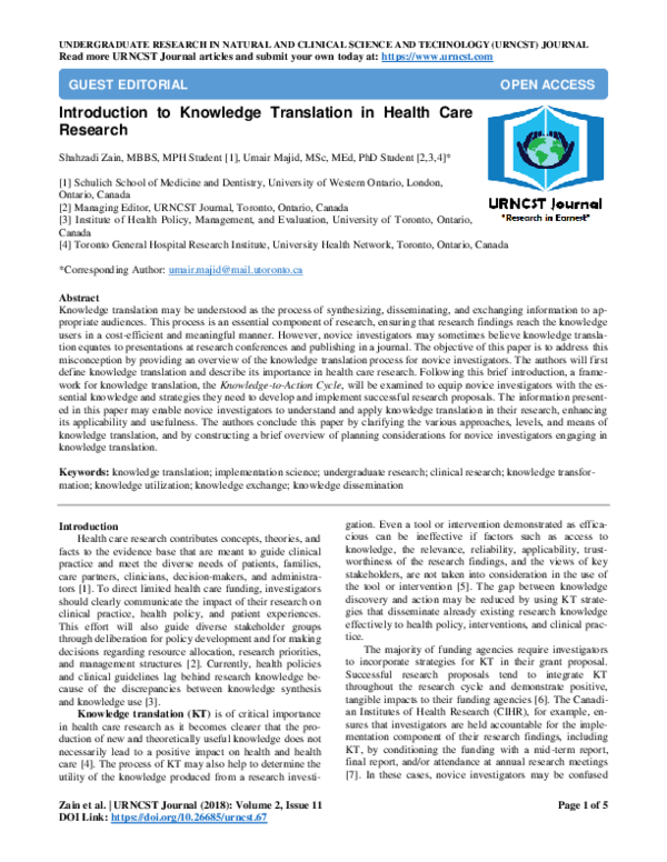 (PDF) Introduction to Knowledge Translation in Health Care Research
