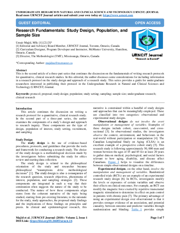  pdf research fundamentals study design population and sample size umair majid academia edu