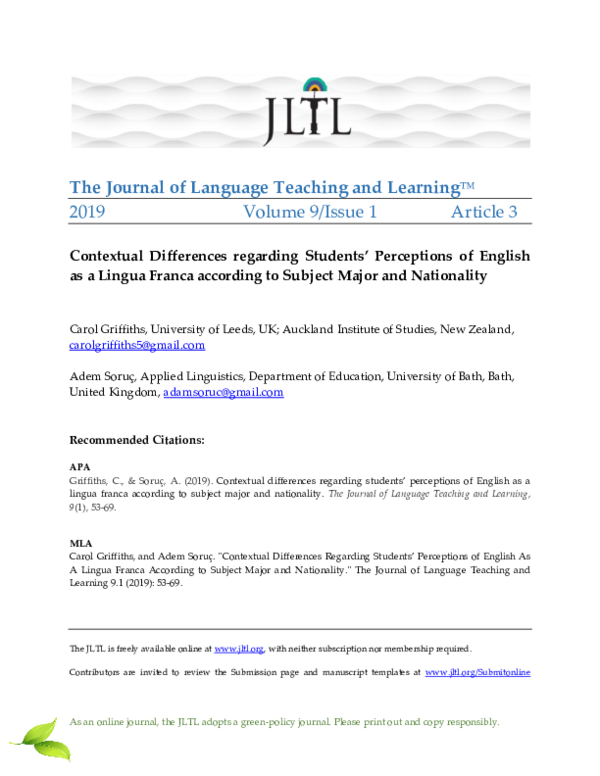 (PDF) Contextual Differences regarding Students’ Perceptions of English ...