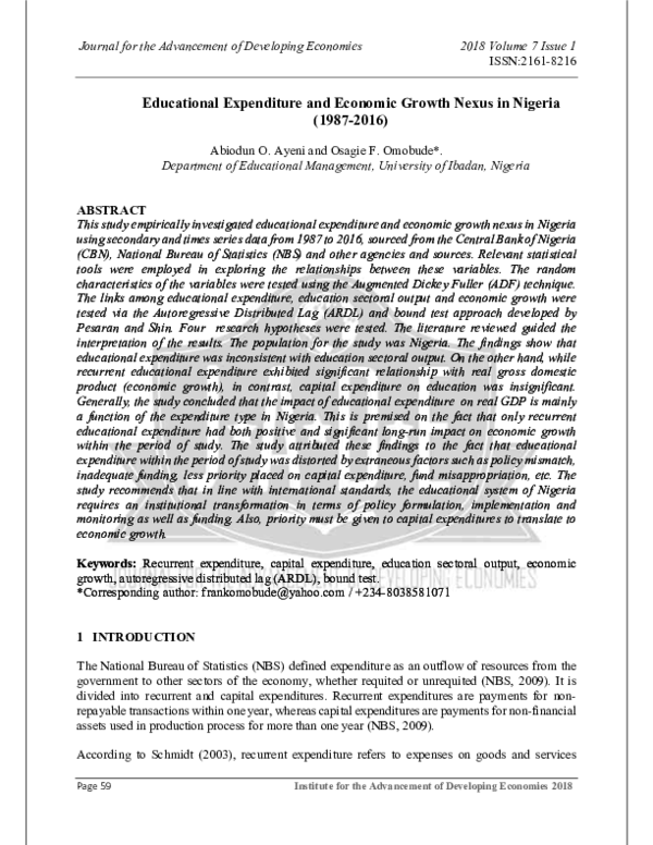 (PDF) Educational Expenditure and Economic Growth Nexus in Nigeria ...