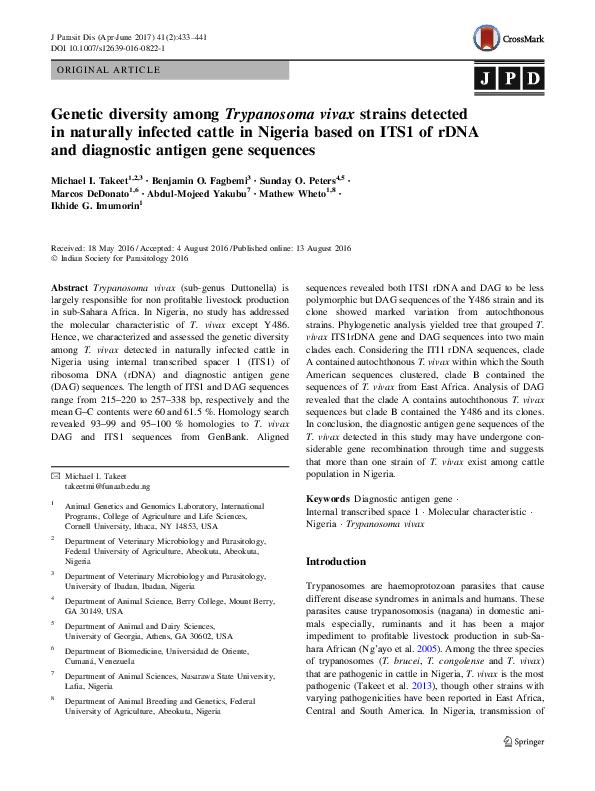 (PDF) Takeet et al 2017 J Parasitic Dis Genetic diversity of Tryps in ...