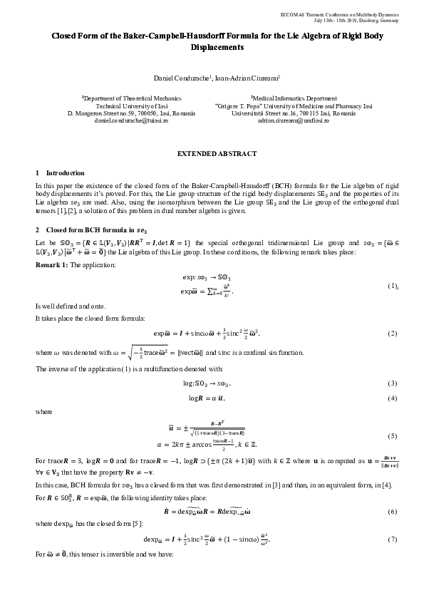 (PDF) Closed Form of the BakerCampbellHausdorff Formuła for the Lie