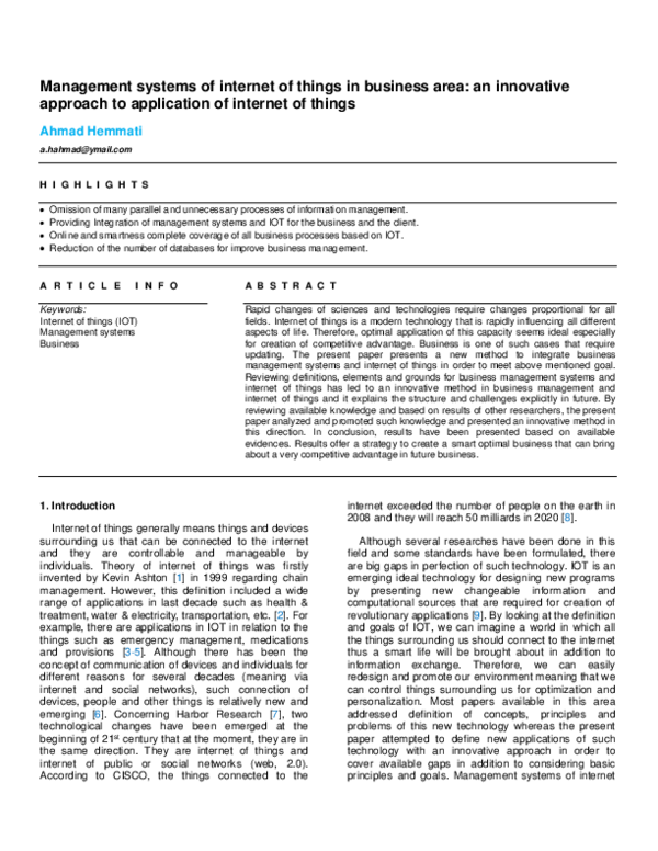 (PDF) Management systems of internet of things in business area: an ...