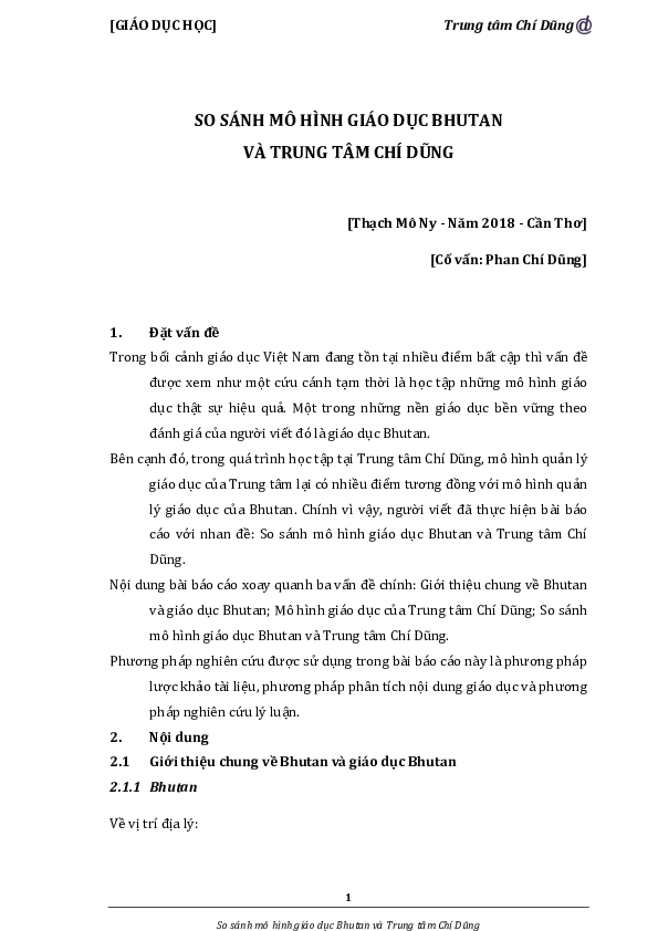 First page of “So sánh mô hình giáo dục Bhutan và Trung tâm Chí Dũng”