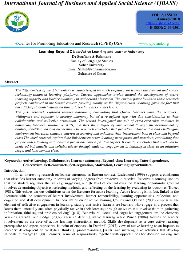 (PDF) Learning Beyond Class-Active Learning and Learner Autonomy