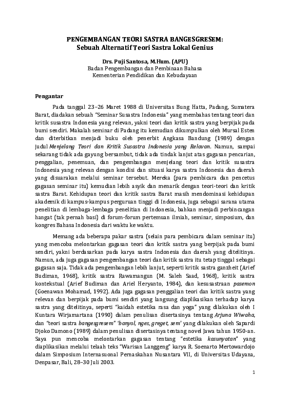 Pdf Pengembangan Teori Sastra Bangesgresem Sebuah Alternatif Teori Sastra Lokal Genius Puji Santosa Drs M Hum Apu Academia Edu
